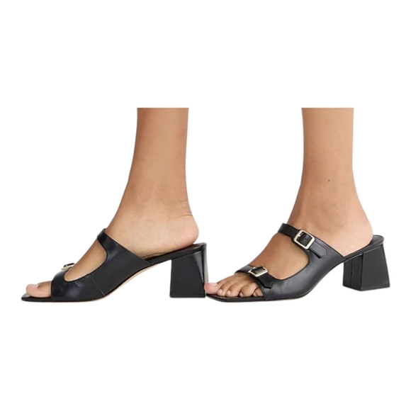 J. Crew Womens Size 9 Layne Buckle Leather Two Strap Heel Sandals BX899 - Black - Picture 1 of 14